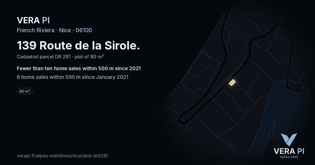 139 Route de la Sirole, Nice at night – the plot lit, the parcels around coloured by the prices near them