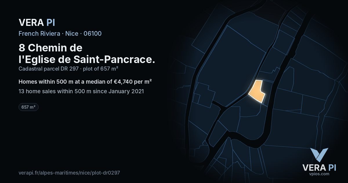 8 Chemin de l'Eglise de Saint-Pancrace, Nice at night – the plot lit, the parcels around coloured by the prices near them