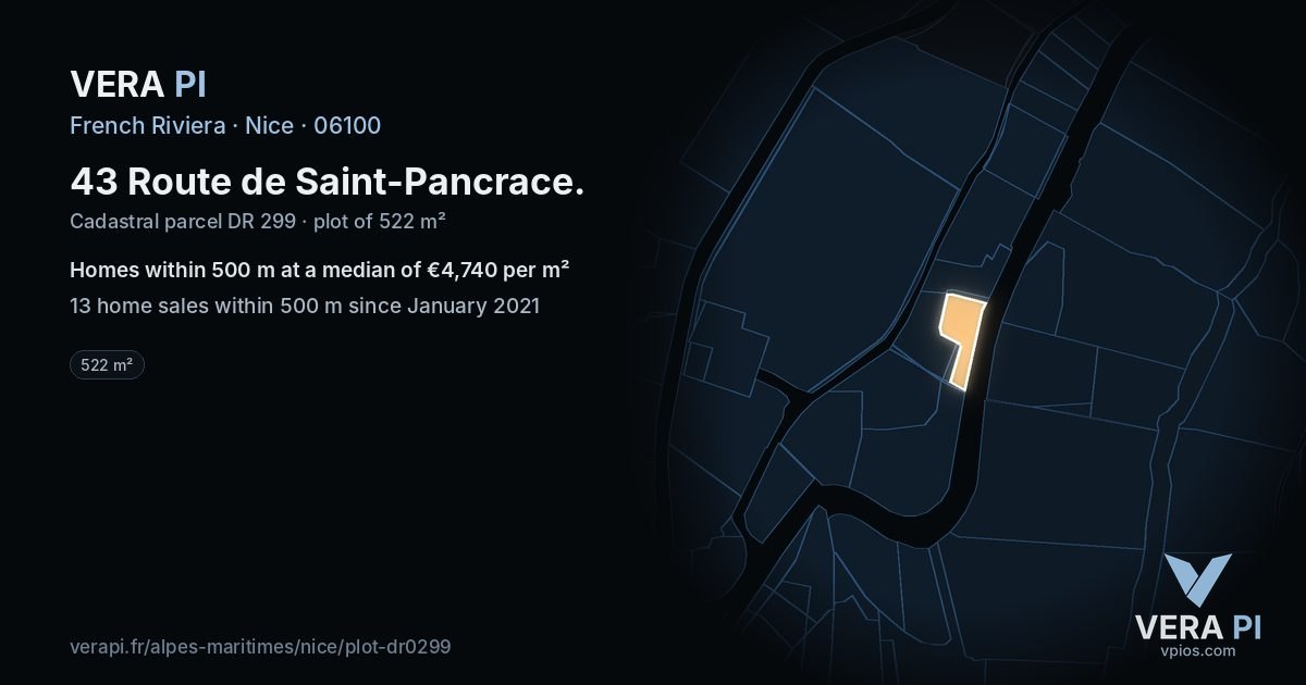 43 Route de Saint-Pancrace, Nice at night – the plot lit, the parcels around coloured by the prices near them