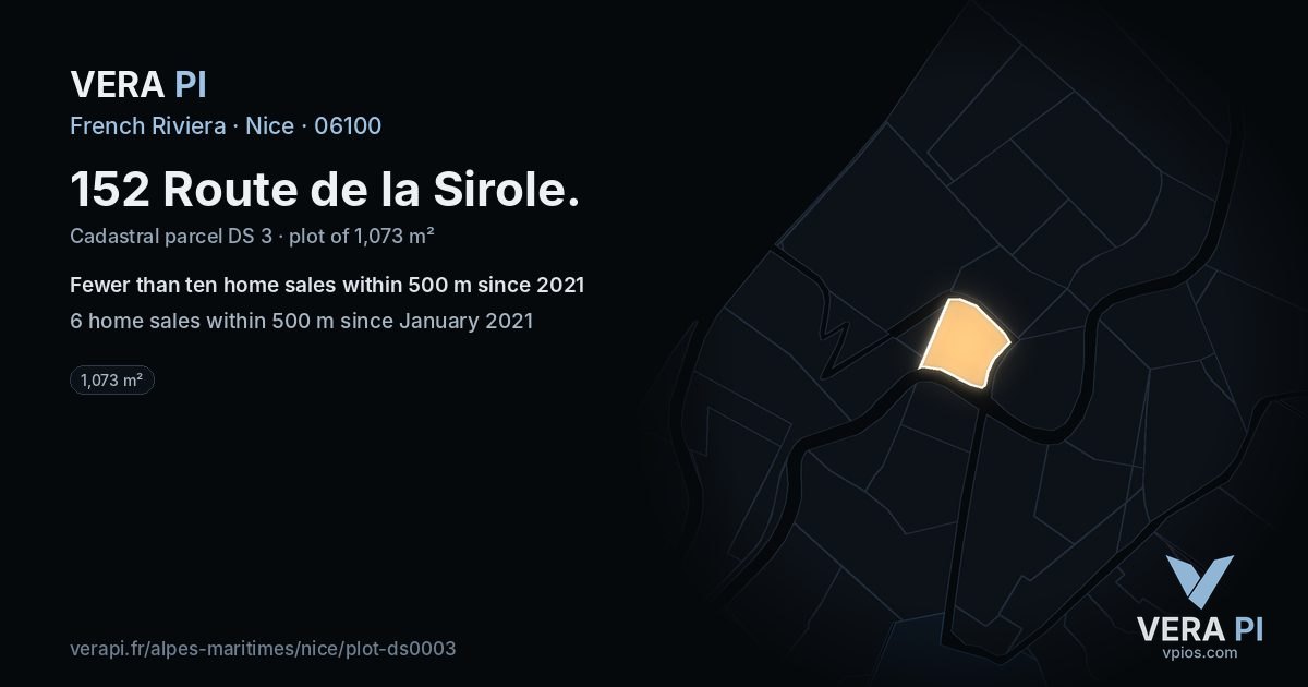 152 Route de la Sirole, Nice at night – the plot lit, the parcels around coloured by the prices near them