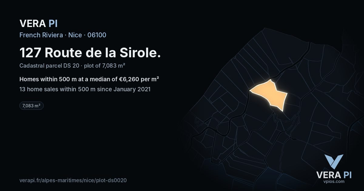 127 Route de la Sirole, Nice at night – the plot lit, the parcels around coloured by the prices near them