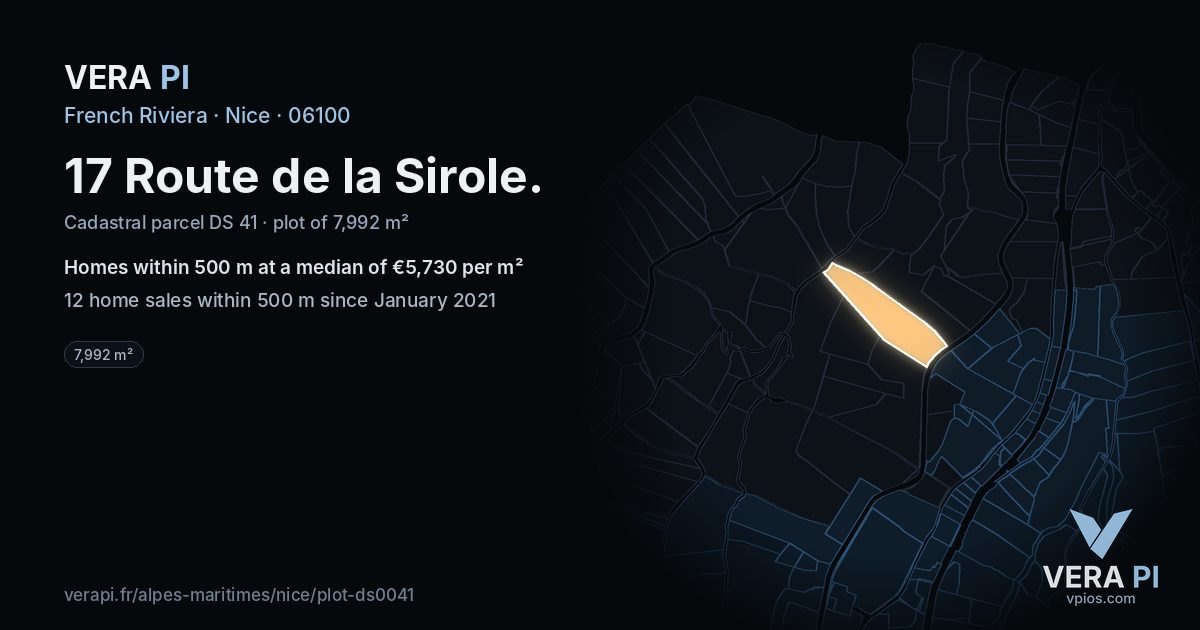 17 Route de la Sirole, Nice at night – the plot lit, the parcels around coloured by the prices near them