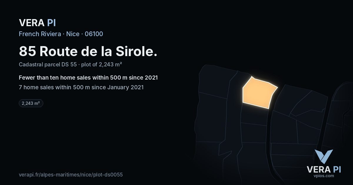 85 Route de la Sirole, Nice at night – the plot lit, the parcels around coloured by the prices near them