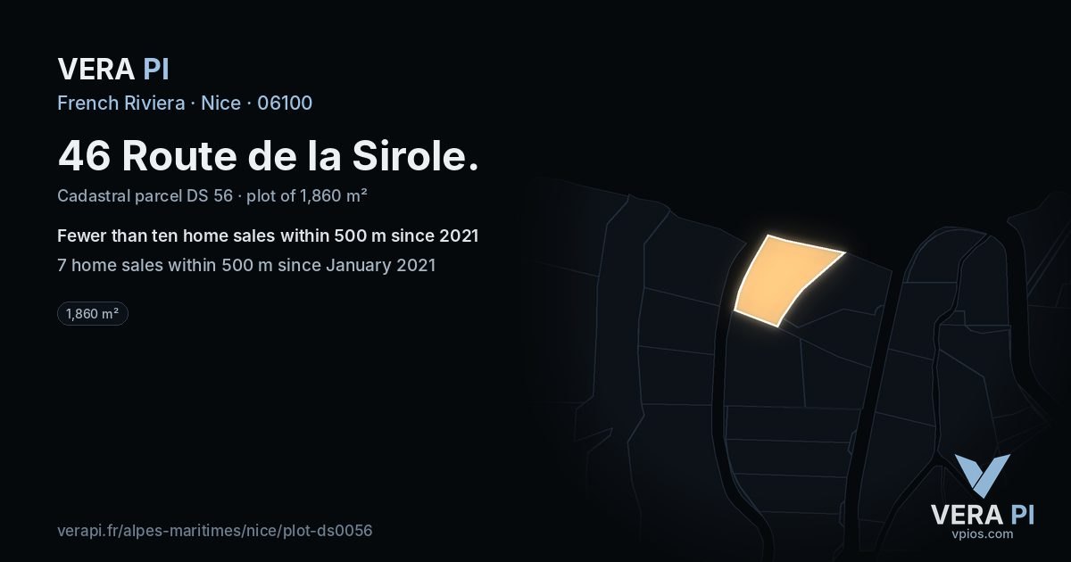 46 Route de la Sirole, Nice at night – the plot lit, the parcels around coloured by the prices near them