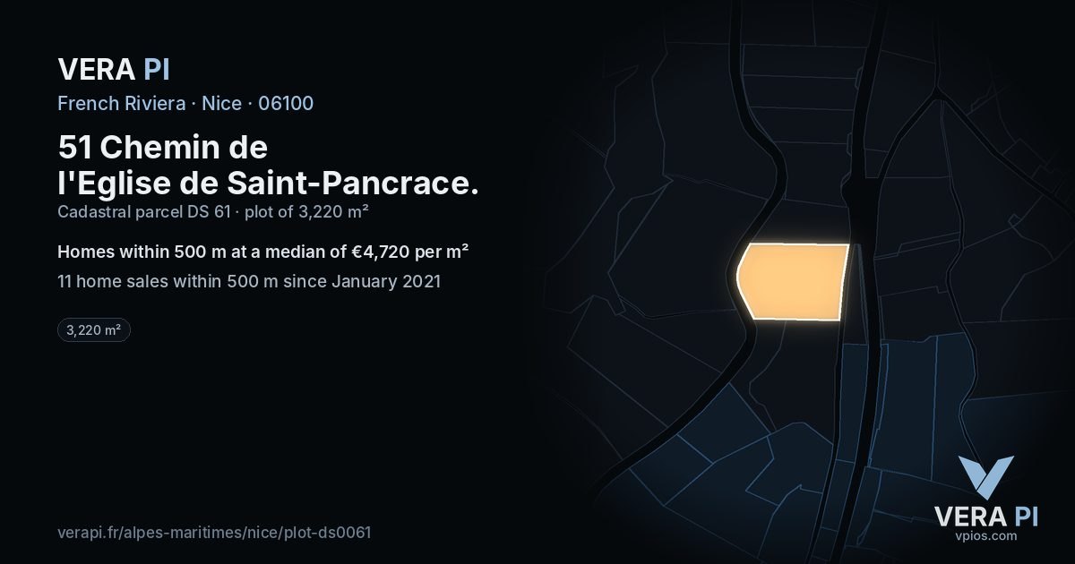 51 Chemin de l'Eglise de Saint-Pancrace, Nice at night – the plot lit, the parcels around coloured by the prices near them