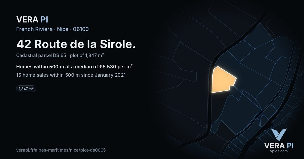 42 Route de la Sirole, Nice at night – the plot lit, the parcels around coloured by the prices near them