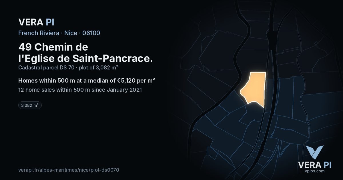 49 Chemin de l'Eglise de Saint-Pancrace, Nice at night – the plot lit, the parcels around coloured by the prices near them