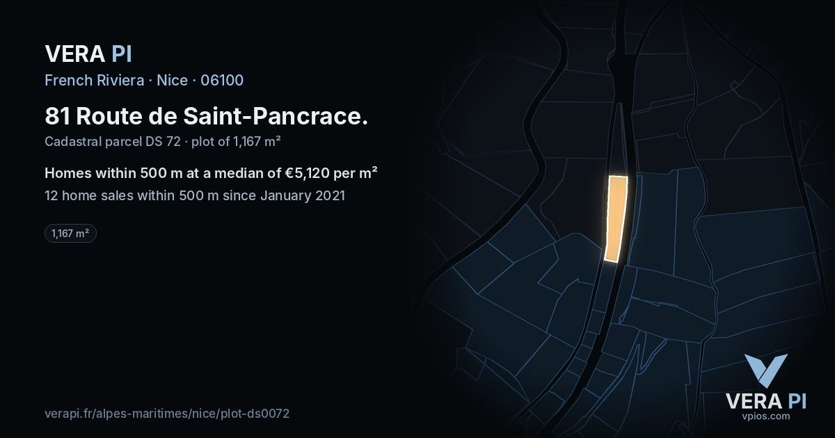 81 Route de Saint-Pancrace, Nice at night – the plot lit, the parcels around coloured by the prices near them