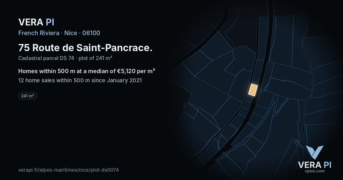 75 Route de Saint-Pancrace, Nice at night – the plot lit, the parcels around coloured by the prices near them
