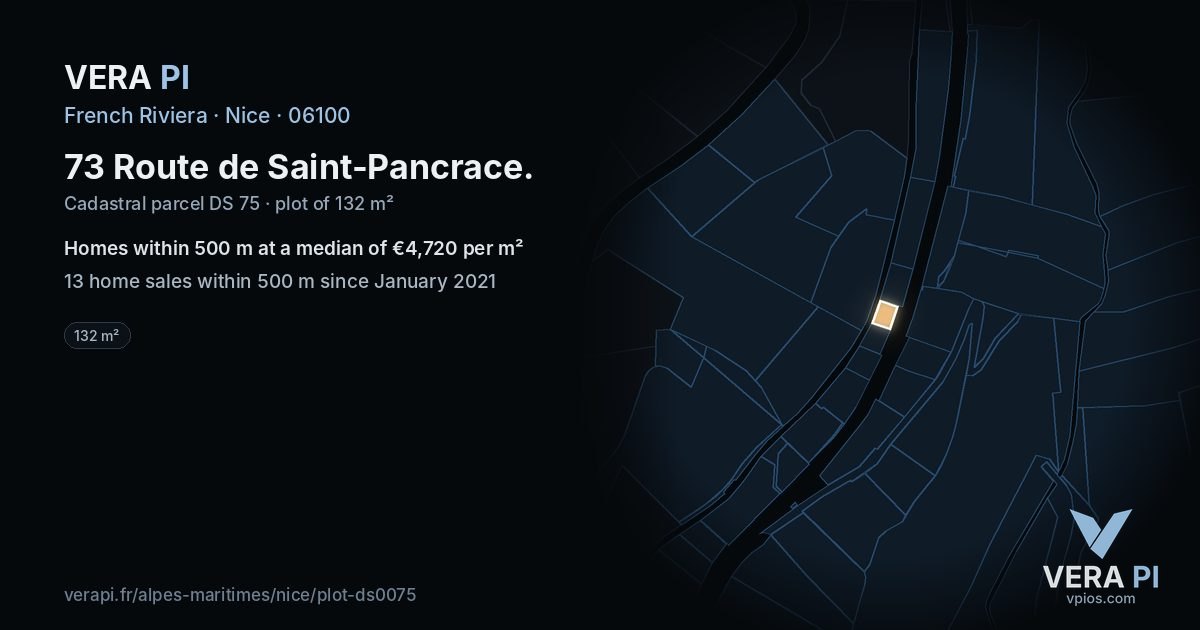 73 Route de Saint-Pancrace, Nice at night – the plot lit, the parcels around coloured by the prices near them