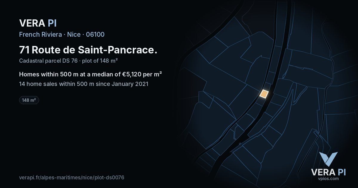 71 Route de Saint-Pancrace, Nice at night – the plot lit, the parcels around coloured by the prices near them