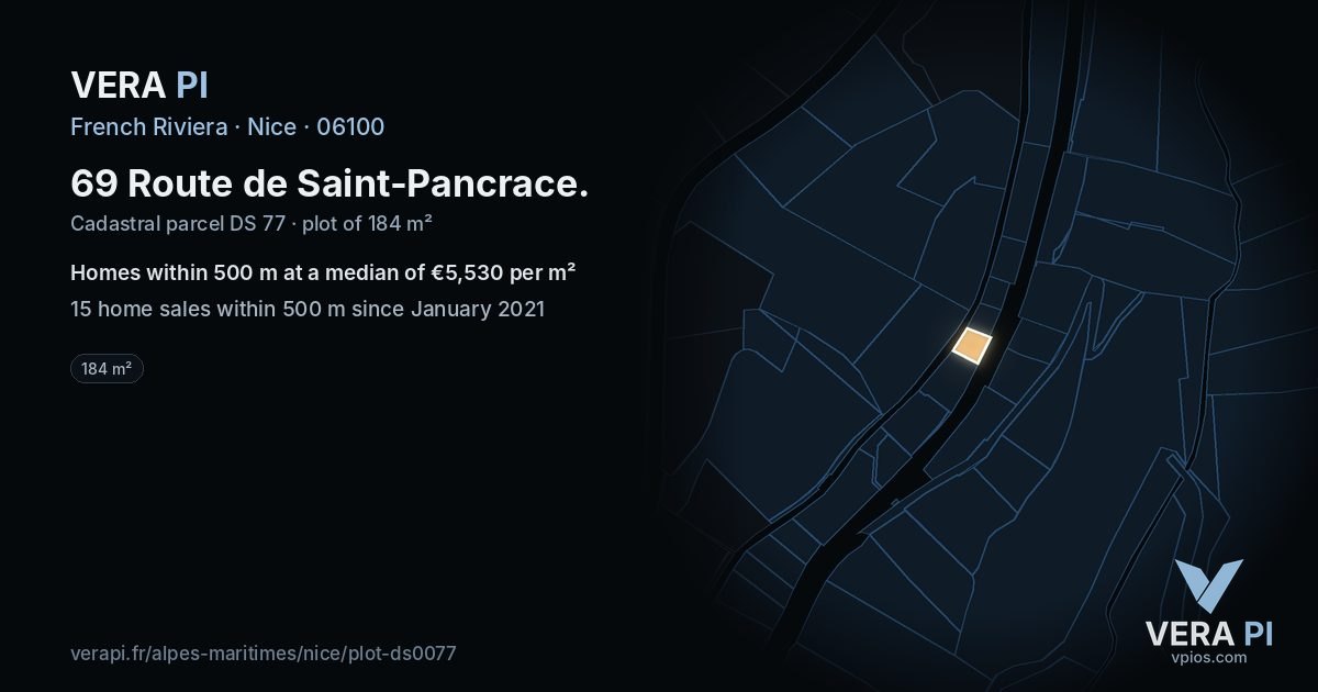 69 Route de Saint-Pancrace, Nice at night – the plot lit, the parcels around coloured by the prices near them