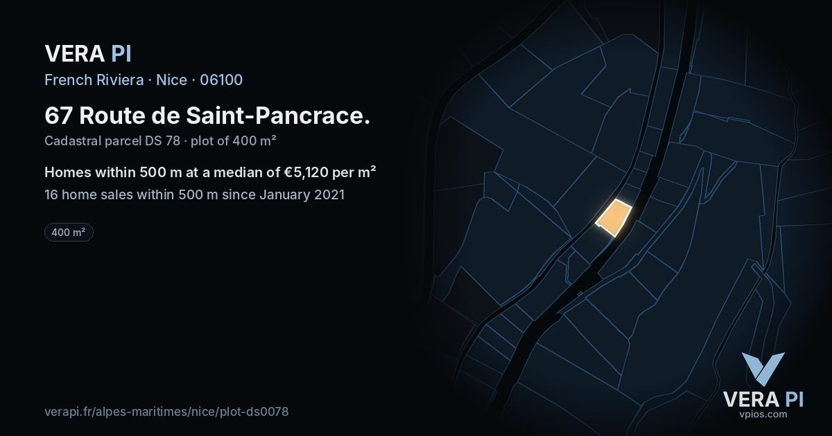 67 Route de Saint-Pancrace, Nice at night – the plot lit, the parcels around coloured by the prices near them