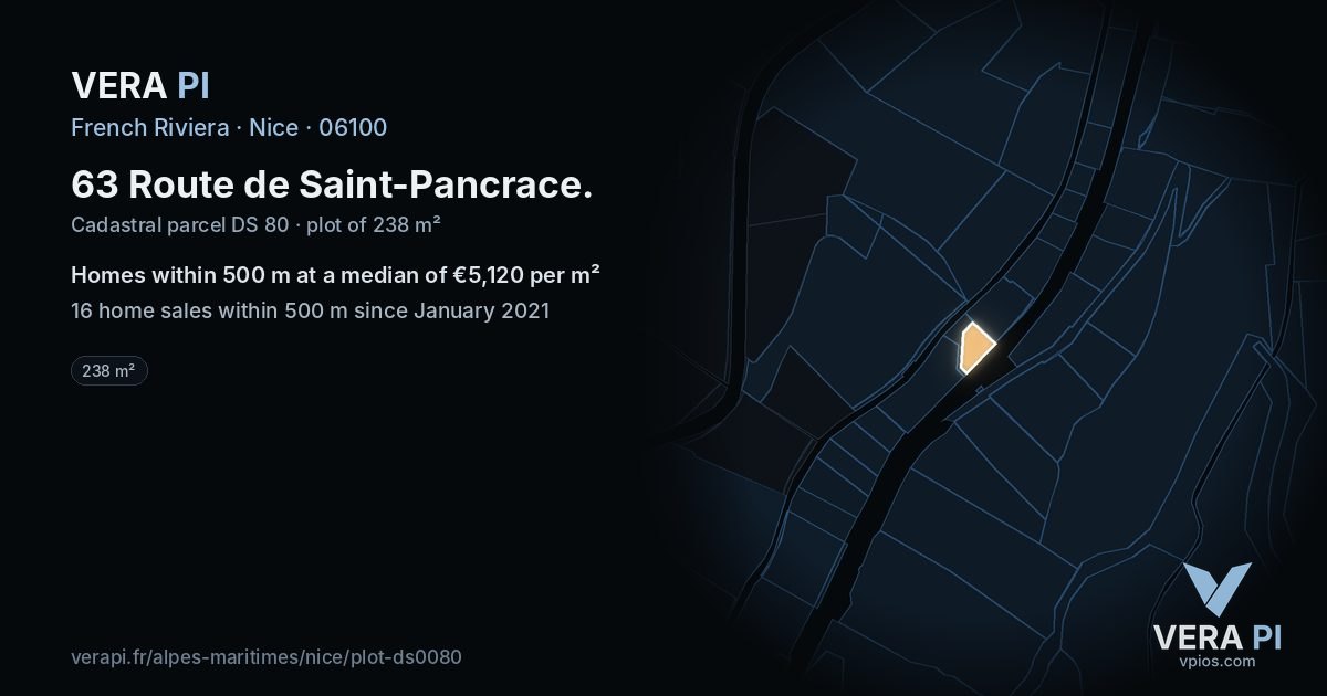 63 Route de Saint-Pancrace, Nice at night – the plot lit, the parcels around coloured by the prices near them