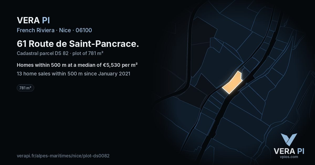 61 Route de Saint-Pancrace, Nice at night – the plot lit, the parcels around coloured by the prices near them