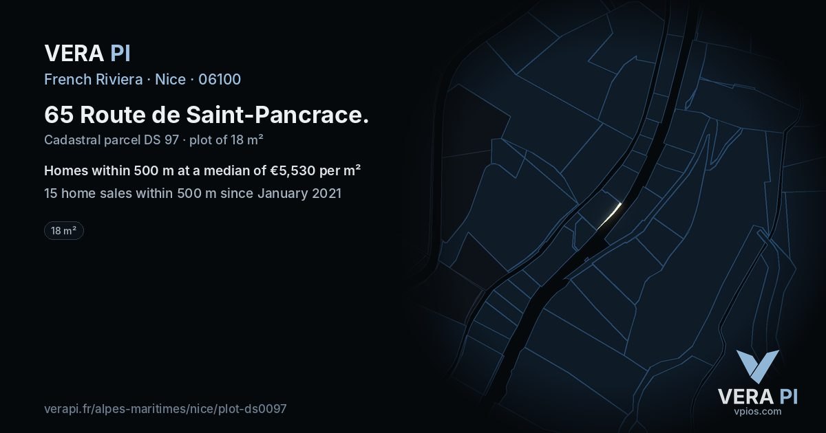 65 Route de Saint-Pancrace, Nice at night – the plot lit, the parcels around coloured by the prices near them