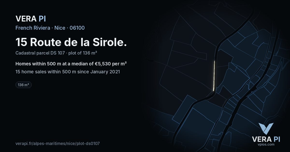 15 Route de la Sirole, Nice at night – the plot lit, the parcels around coloured by the prices near them