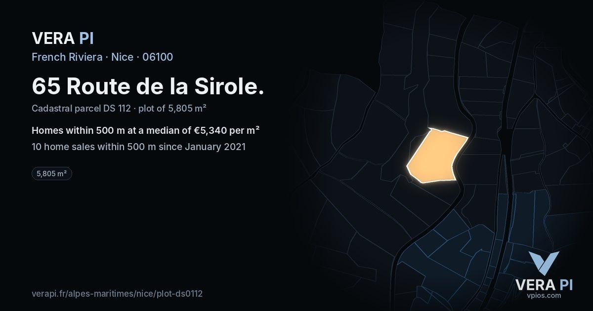 65 Route de la Sirole, Nice at night – the plot lit, the parcels around coloured by the prices near them