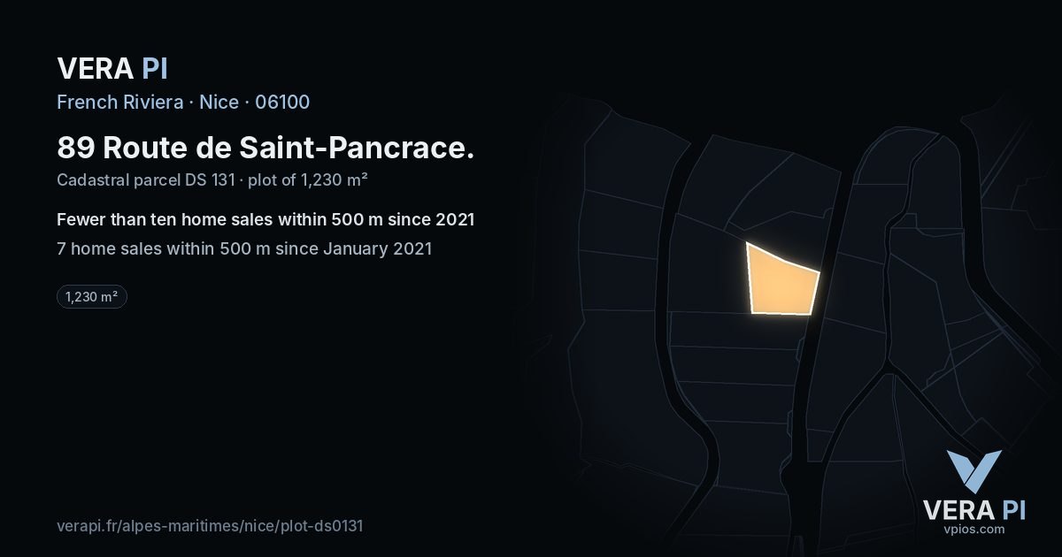 89 Route de Saint-Pancrace, Nice at night – the plot lit, the parcels around coloured by the prices near them