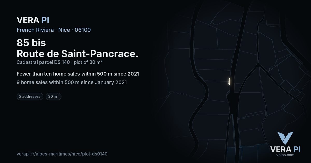 85 bis Route de Saint-Pancrace, Nice at night – the plot lit, the parcels around coloured by the prices near them