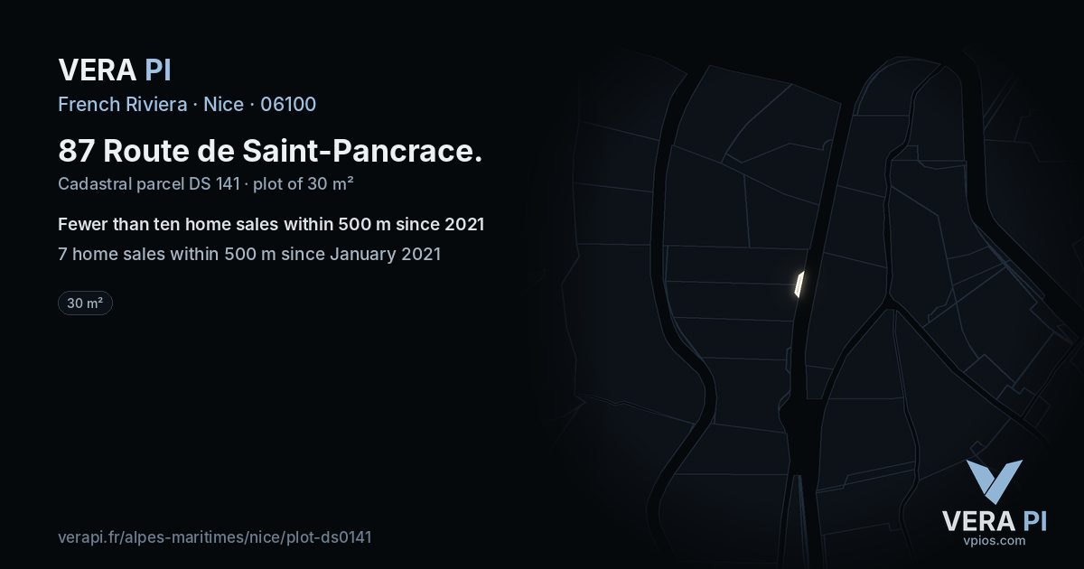 87 Route de Saint-Pancrace, Nice at night – the plot lit, the parcels around coloured by the prices near them