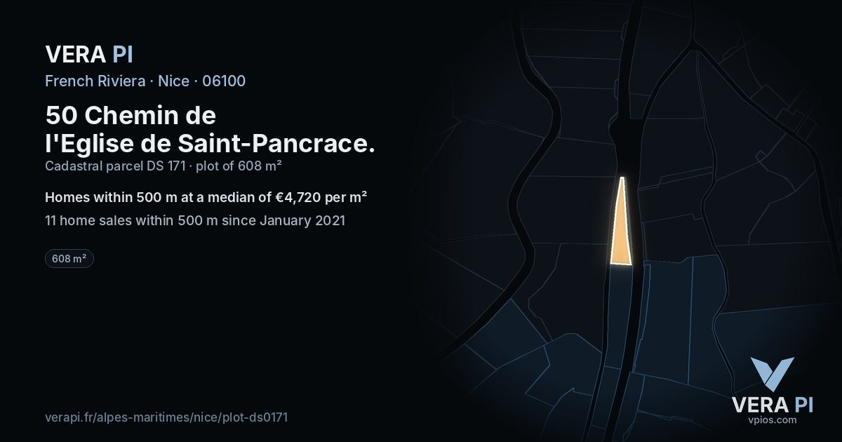 50 Chemin de l'Eglise de Saint-Pancrace, Nice at night – the plot lit, the parcels around coloured by the prices near them