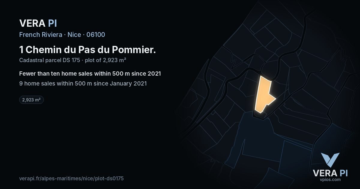 1 Chemin du Pas du Pommier, Nice at night – the plot lit, the parcels around coloured by the prices near them