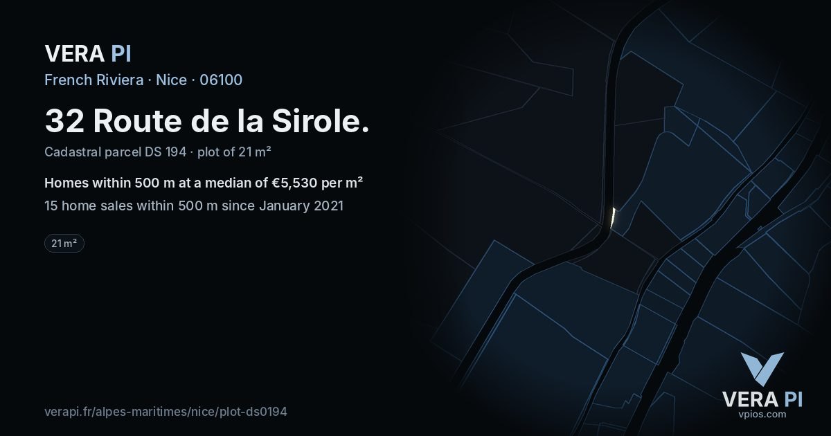 32 Route de la Sirole, Nice at night – the plot lit, the parcels around coloured by the prices near them