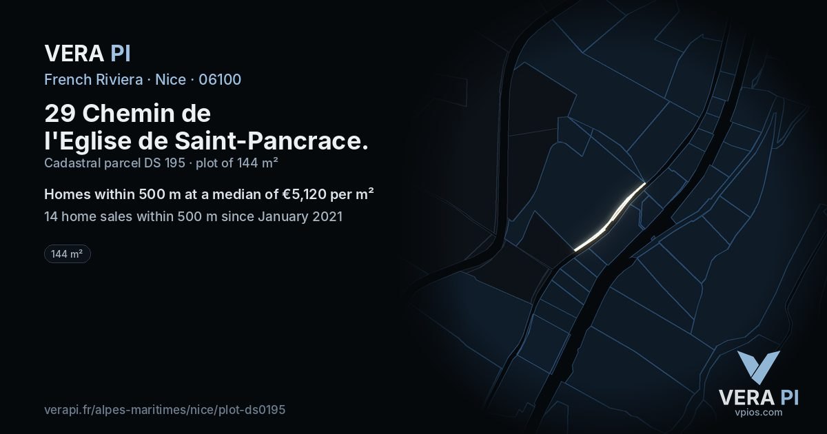 29 Chemin de l'Eglise de Saint-Pancrace, Nice at night – the plot lit, the parcels around coloured by the prices near them