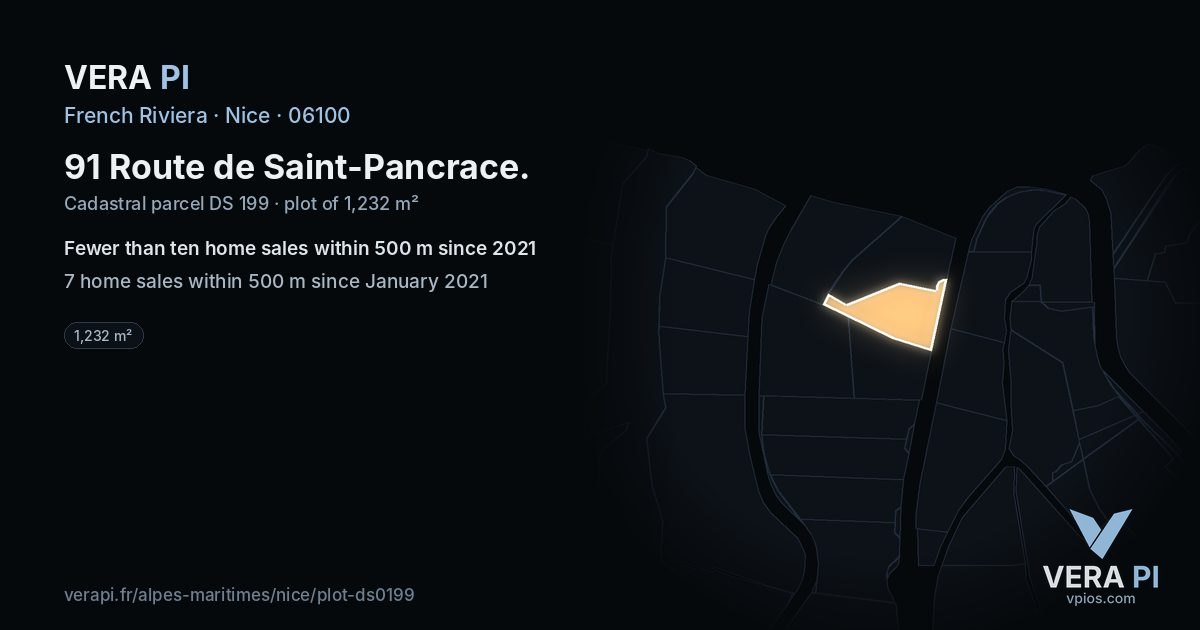 91 Route de Saint-Pancrace, Nice at night – the plot lit, the parcels around coloured by the prices near them