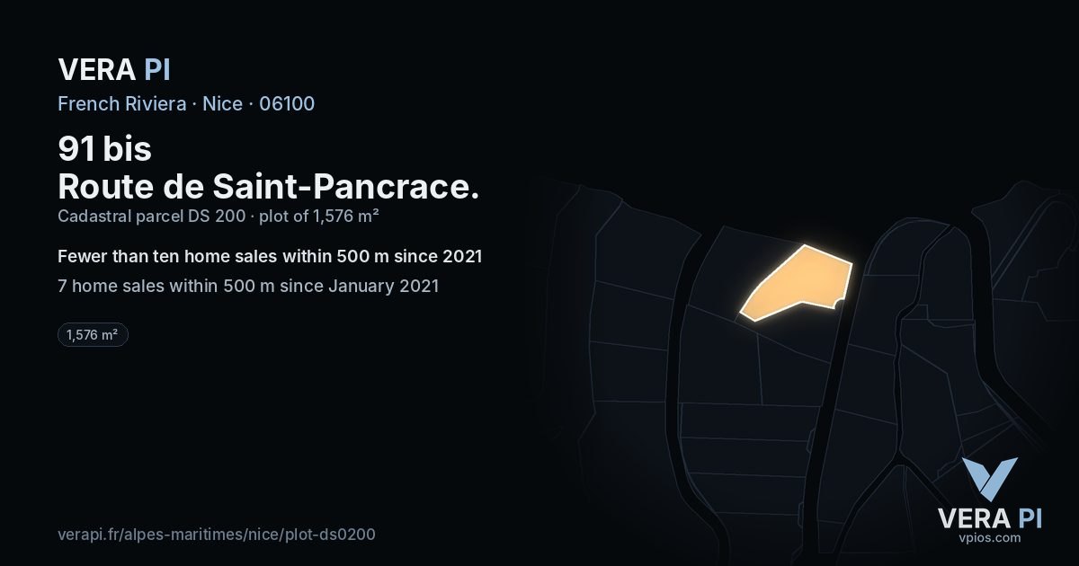91 bis Route de Saint-Pancrace, Nice at night – the plot lit, the parcels around coloured by the prices near them