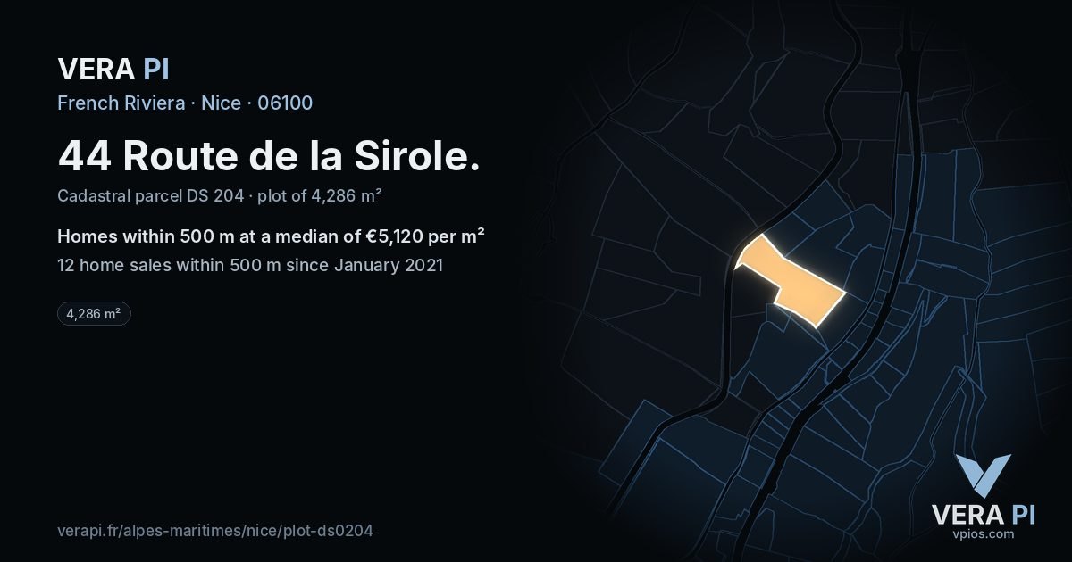 44 Route de la Sirole, Nice at night – the plot lit, the parcels around coloured by the prices near them