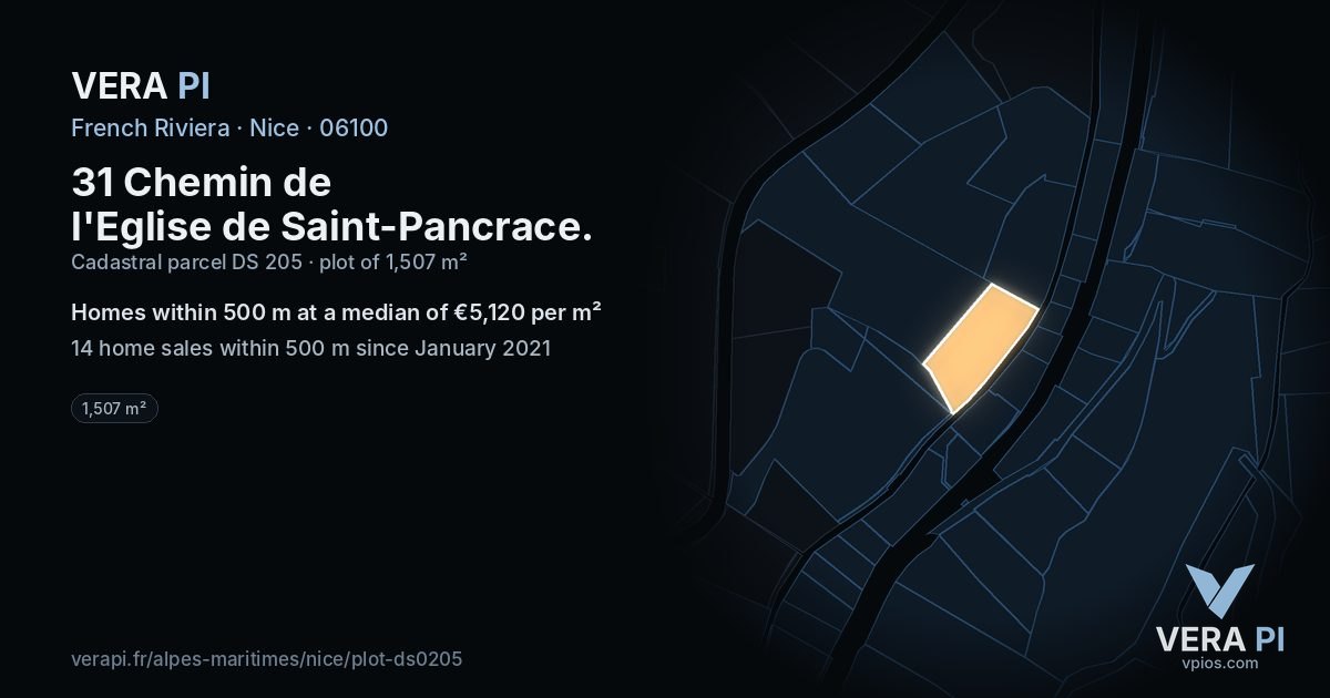31 Chemin de l'Eglise de Saint-Pancrace, Nice at night – the plot lit, the parcels around coloured by the prices near them