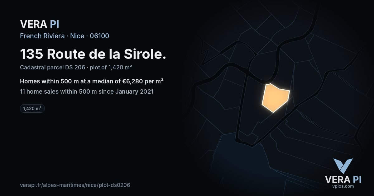 135 Route de la Sirole, Nice at night – the plot lit, the parcels around coloured by the prices near them