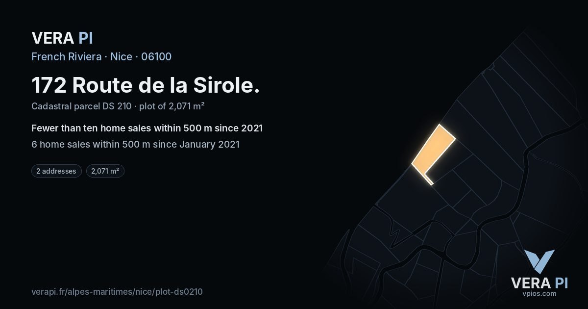 172 Route de la Sirole, Nice at night – the plot lit, the parcels around coloured by the prices near them