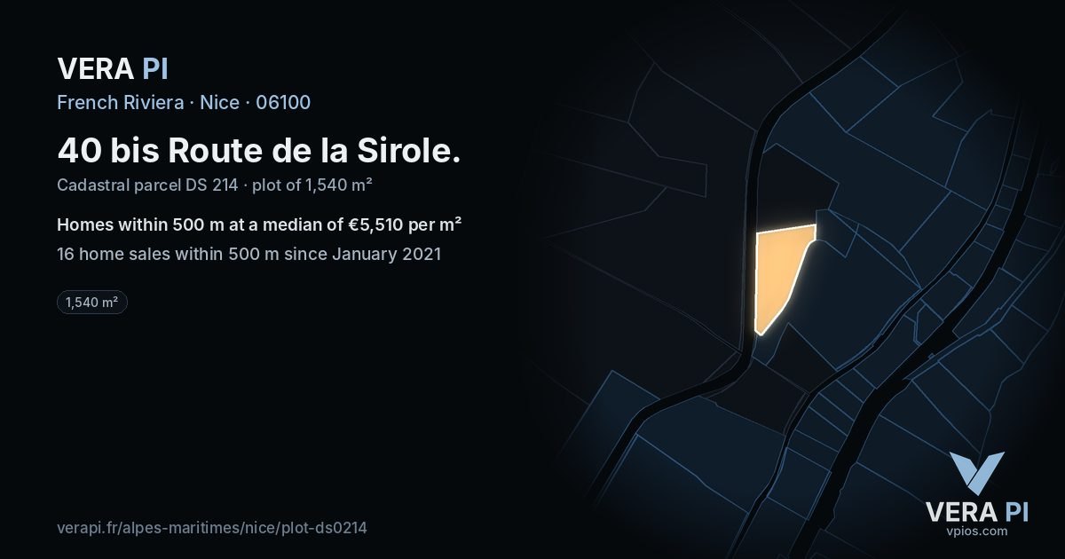 40 bis Route de la Sirole, Nice at night – the plot lit, the parcels around coloured by the prices near them