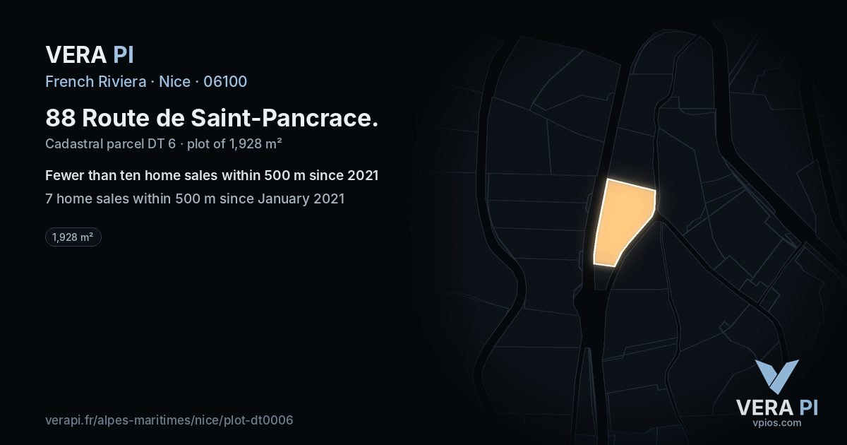 88 Route de Saint-Pancrace, Nice at night – the plot lit, the parcels around coloured by the prices near them