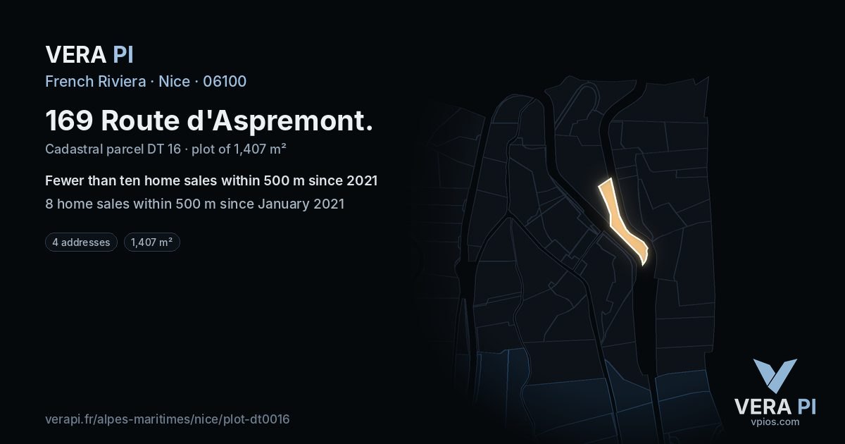 169 Route d'Aspremont, Nice at night – the plot lit, the parcels around coloured by the prices near them