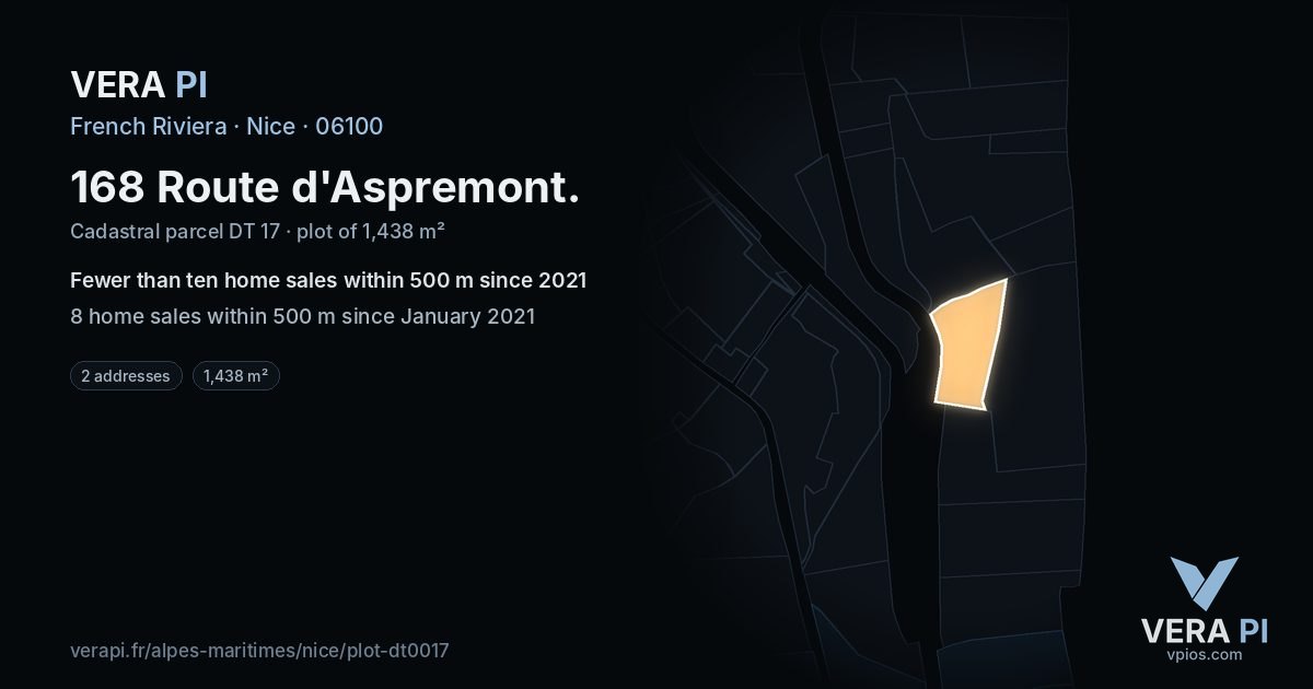 168 Route d'Aspremont, Nice at night – the plot lit, the parcels around coloured by the prices near them