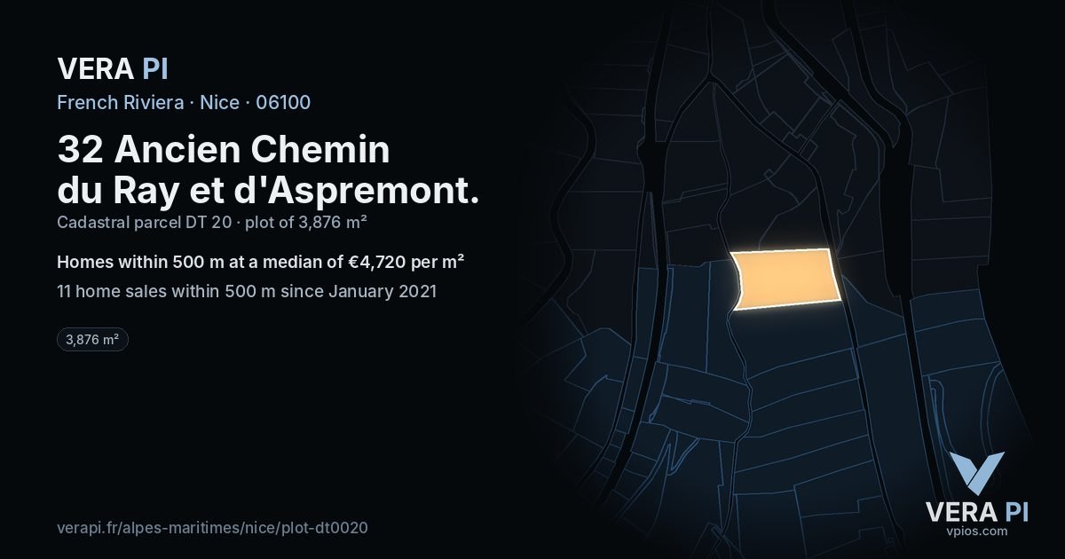 32 Ancien Chemin du Ray et d'Aspremont, Nice at night – the plot lit, the parcels around coloured by the prices near them