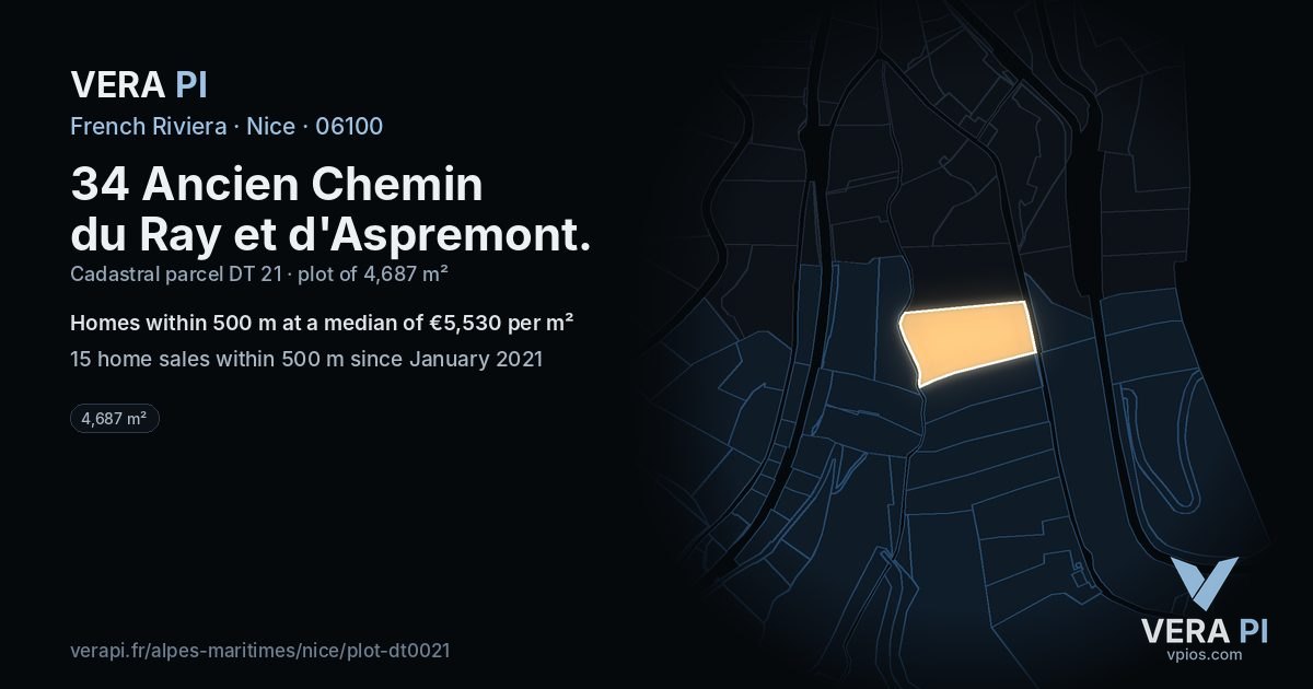 34 Ancien Chemin du Ray et d'Aspremont, Nice at night – the plot lit, the parcels around coloured by the prices near them