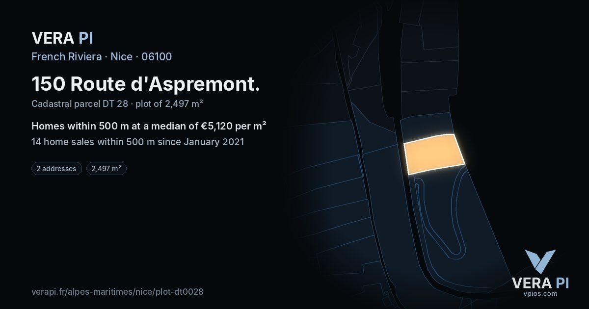 150 Route d'Aspremont, Nice at night – the plot lit, the parcels around coloured by the prices near them