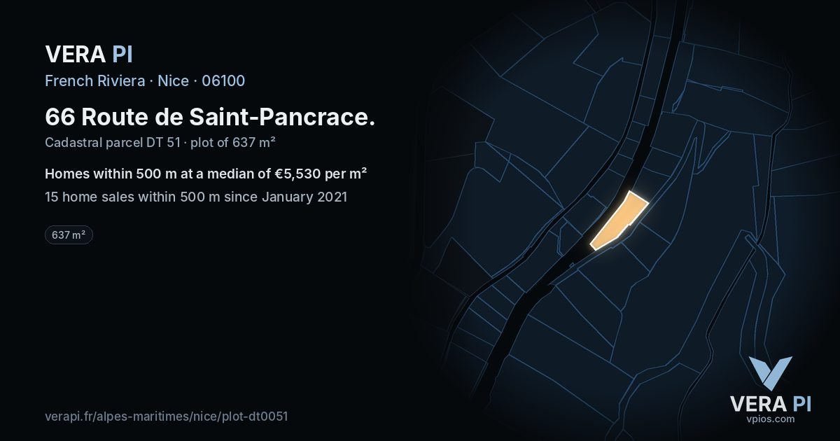 66 Route de Saint-Pancrace, Nice at night – the plot lit, the parcels around coloured by the prices near them