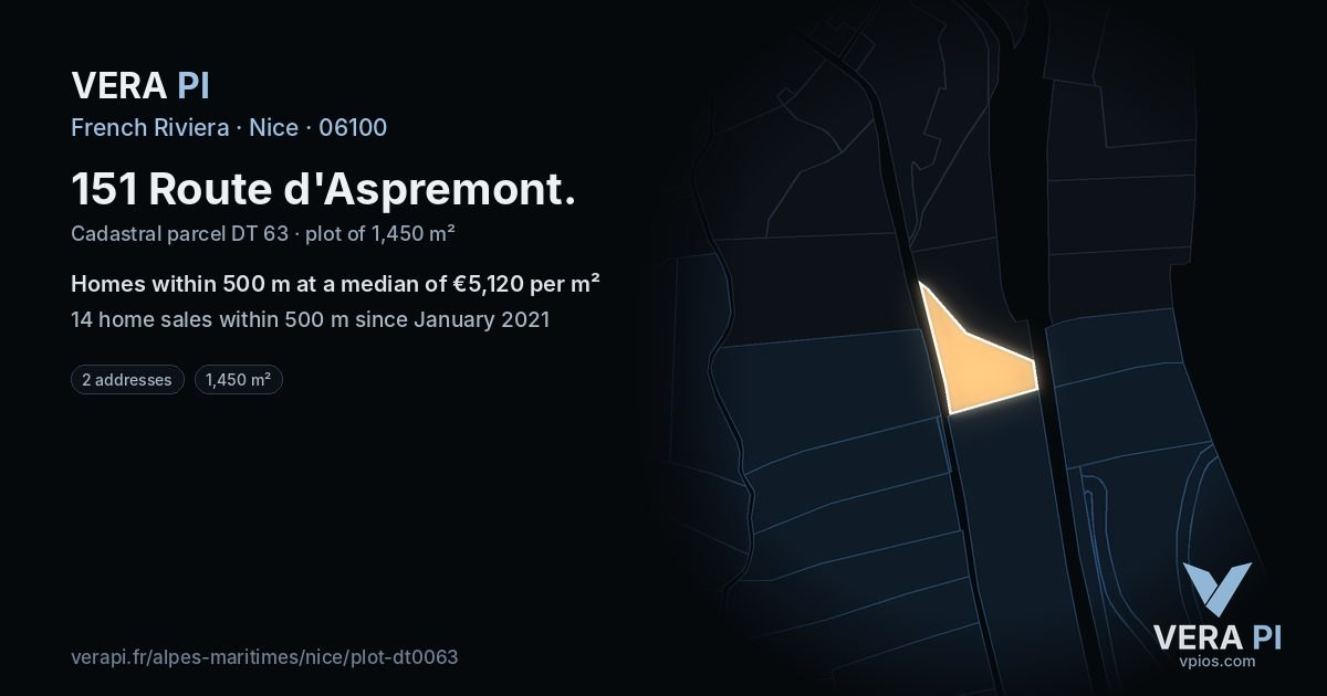 151 Route d'Aspremont, Nice at night – the plot lit, the parcels around coloured by the prices near them