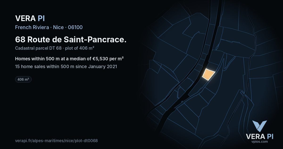 68 Route de Saint-Pancrace, Nice at night – the plot lit, the parcels around coloured by the prices near them