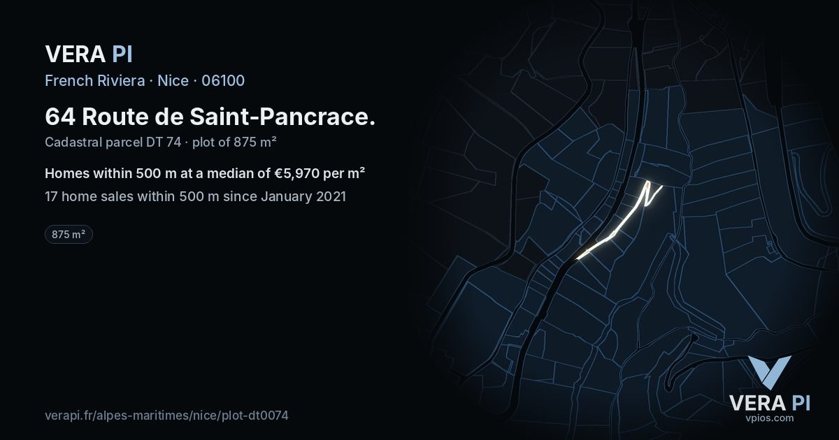 64 Route de Saint-Pancrace, Nice at night – the plot lit, the parcels around coloured by the prices near them