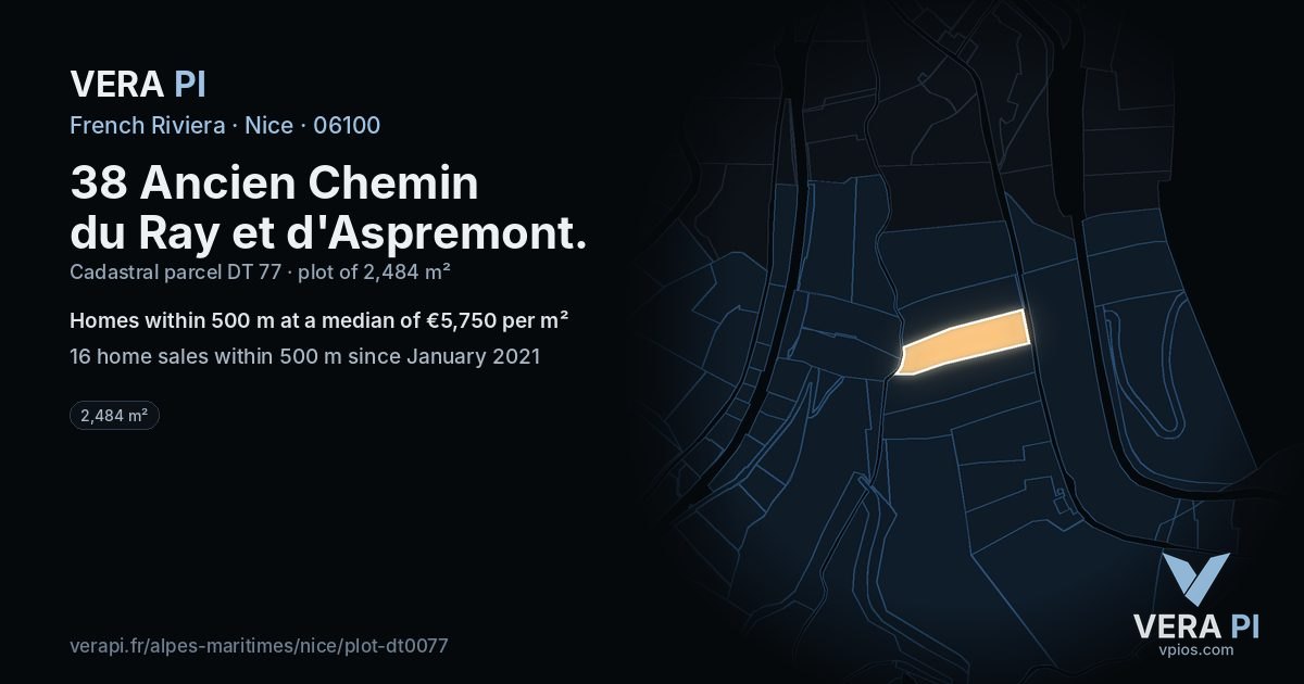 38 Ancien Chemin du Ray et d'Aspremont, Nice at night – the plot lit, the parcels around coloured by the prices near them