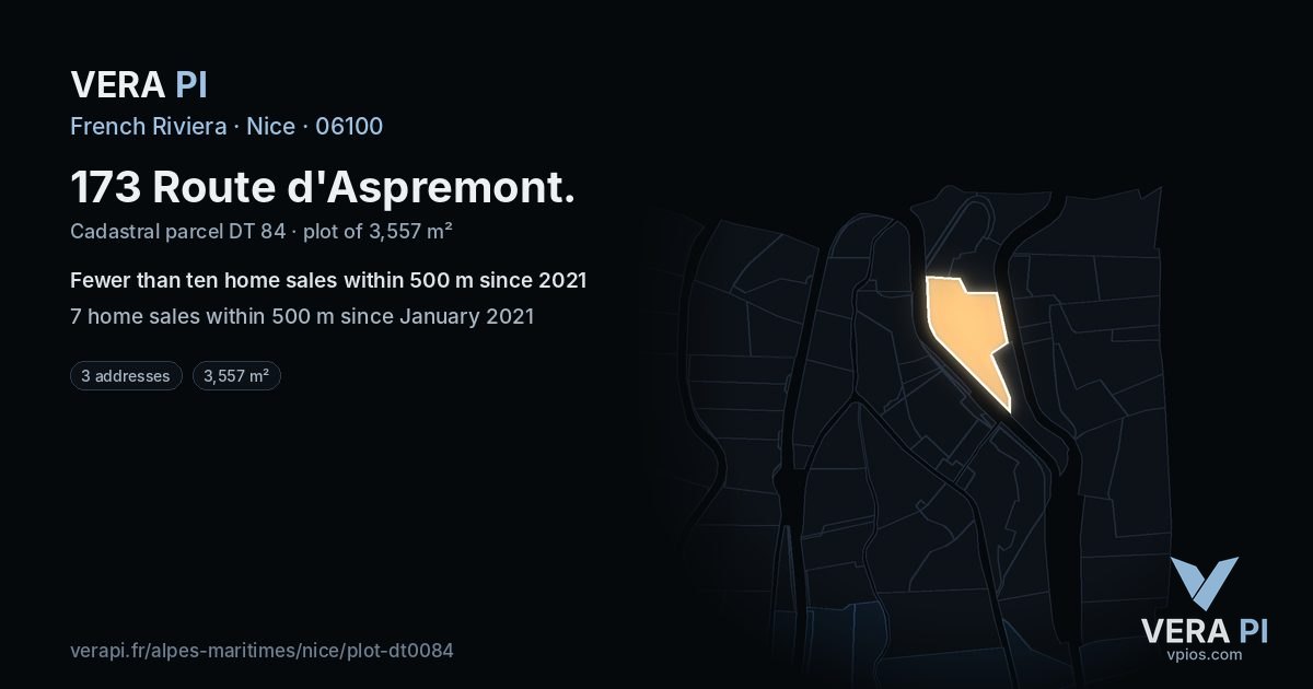 173 Route d'Aspremont, Nice at night – the plot lit, the parcels around coloured by the prices near them