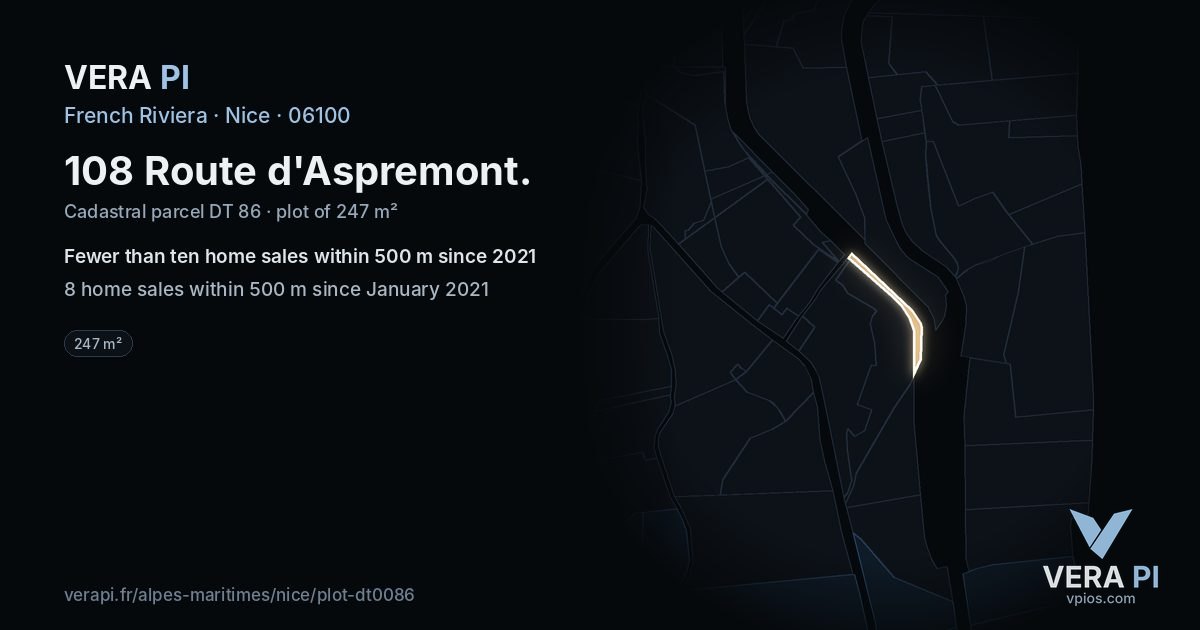 108 Route d'Aspremont, Nice at night – the plot lit, the parcels around coloured by the prices near them