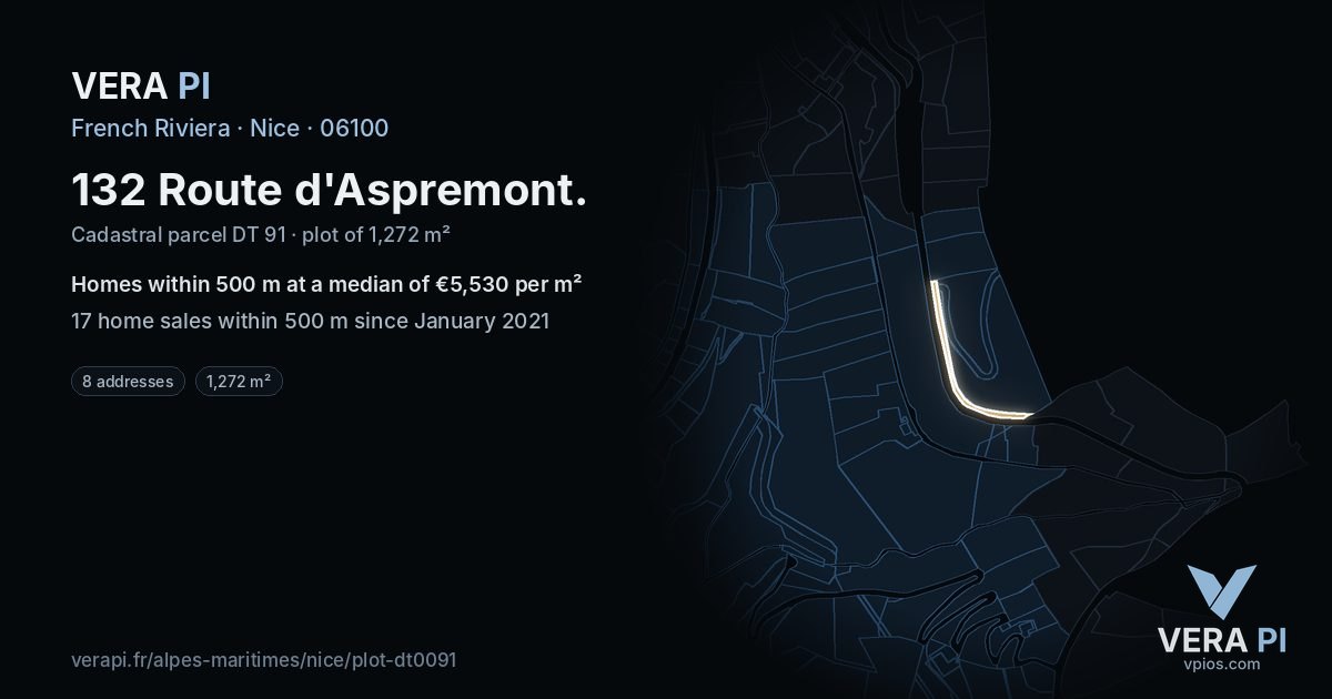 132 Route d'Aspremont, Nice at night – the plot lit, the parcels around coloured by the prices near them